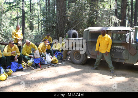 Prima Sgt. Damon Oliver, primo sergente, Alfa Company, 578th ingegnere vigili del Battaglione, parla ai membri della Task Force alfa, California Army National Guard, e il agosto 9 vicino alle montagne di Wildcat Butte, Humboldt County, California. Oliver ha detto in due giorni, Task Force Alfa marciato da otto a dieci miglia dovrà asciugare aree bruciate dalla Humboldt fulmini fuoco al fine di prevenire in futuro la flare ups. (U.S. Esercito nazionale Guard foto/Staff Sgt. Eddie Siguenza.) Foto Stock