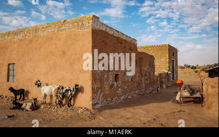 Rajasthani uomo seduto in un vicolo in un villaggio rurale vicino al deserto di Thar Jaisalmer, Rajasthan con il villaggio di bestiame. Foto Stock
