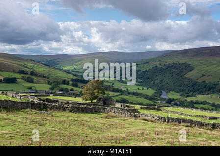 Sole e pioggia in un giorno di settembre in Swaledale, Yorkshire Dales, North Yorkshire, Inghilterra. Foto Stock