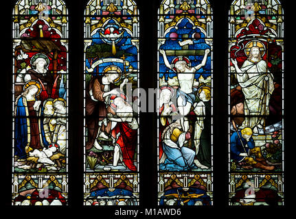 Finestra orientale vetrate raffiguranti la vita di Cristo, la Chiesa di Tutti i Santi, Narborough, Leicestershire, England, Regno Unito Foto Stock