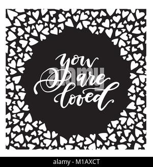 Disegnata a mano si sono amati iscrizione con telaio del cuore. Il vettore in bianco e nero modello calligrafico con elementi d'amore. Illustrazione Vettoriale