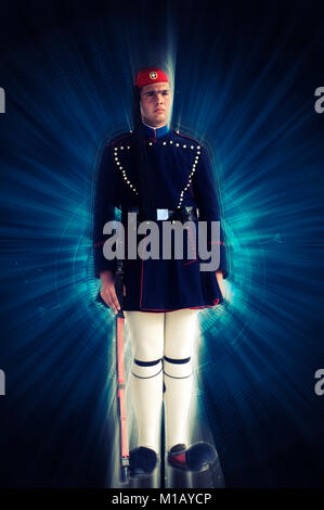 Migliorate digitalmente immagine di una guardia presidenziale in abito tradizionale presso la tomba del milite ignoto, Atene, Grecia Foto Stock