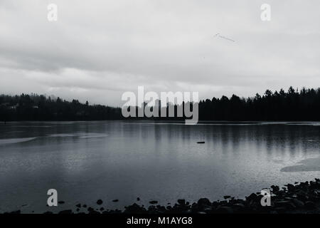 Foto in bianco e nero della vista a Rocky Point Park, Port Moody, Vancouver, British Columbia, Canada e il suo paesaggio circostante in un giorno nuvoloso Foto Stock