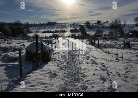 A seguito di una forte nevicata una vista della coperta di neve assegnazioni nel nord Oxfordshire village di gancio Norton Foto Stock