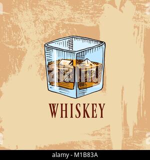 Whisky al bar. bevanda alcolica o una bevanda con spirito. incisi disegnati a mano nel vecchio schizzo vintage. Illustrazione Vettoriale