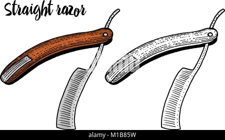 Rasoio per rasatura. barbiere per uomini o hipster moda. capelli e barba incisi disegnati a mano nel vecchio schizzo vintage. Illustrazione Vettoriale