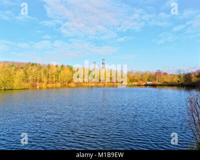 Oltre le acque torbide di Vcar lago d acqua, in mezzo agli alberi, sorge l'avvolgimento Twin towers dell'ex Clipstone colliery Foto Stock