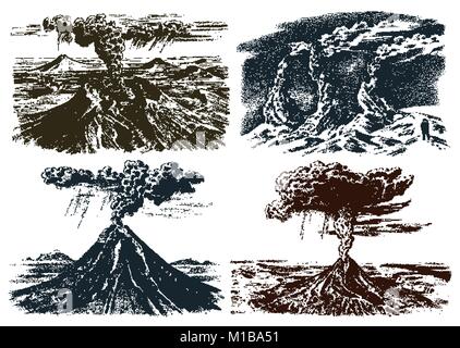 Attività del vulcano con il magma, fumo prima dell'Eruzione e colate di lava o di natura disastro. per viaggi avventura. paesaggi di montagna. incisi disegnati a mano nel vecchio sketch, in stile vintage. Illustrazione Vettoriale