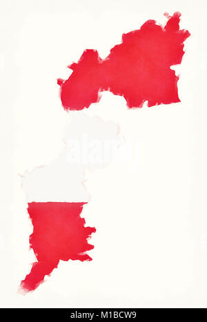 Burgenland Mappa acquerello con Austrian bandiera nazionale di fronte a uno sfondo bianco Foto Stock