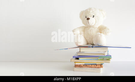 Alcuni libri in una pila e un orso di peluche su di esso. Scaffale in una camera per bambino. Svuotare lo spazio di copia per l'editor di testo. Foto Stock