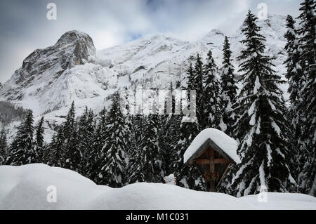 Tabernacolo in legno nella parte anteriore del innevated foresta vicino a Alba di Canazei, in Val di Fassa. Trentino Alto Adige, Italia. Foto Stock