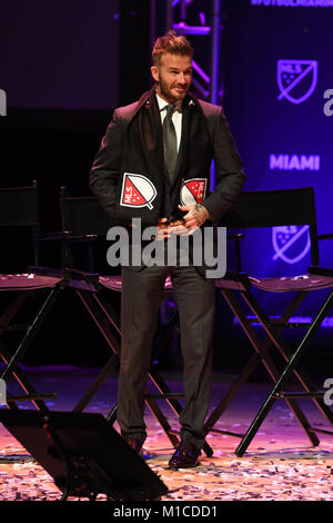 Miami, FL, Stati Uniti d'America. 29 gen, 2018. David Beckham annuncia il lancio ufficiale di Miami della Major League Soccer team a Adrienne Arsht Center su gennaio 29, 2018 a Miami in Florida. Credito: Mpi04/media/punzone Alamy Live News Foto Stock