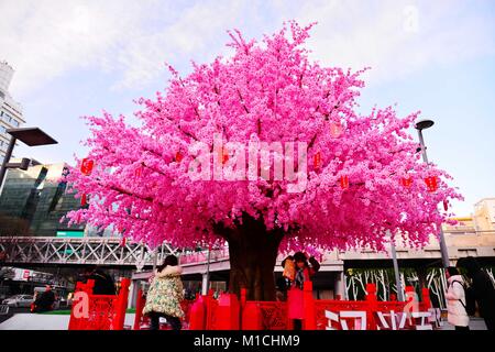 Beijin, Beijin, Cina. 26 gen, 2018. Pechino, Cina-26th Gennaio 2018: artificiale Peach Blossoms può essere visto durante il periodo invernale a Xidan Commercial Street a Pechino. Credito: SIPA Asia/ZUMA filo/Alamy Live News Foto Stock