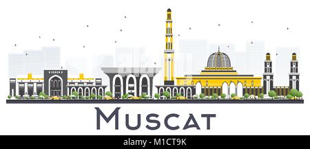 Il Muscat Oman skyline della città con edifici grigi isolati su sfondo bianco. Illustrazione Vettoriale. Viaggi di affari e turismo Concept Illustrazione Vettoriale
