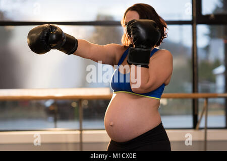 Donna incinta pratica di pugilato in salotto Foto Stock