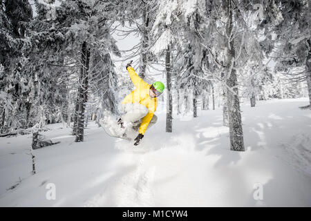 Uomo a cavallo di un snowboard nella foresta innevata Foto Stock
