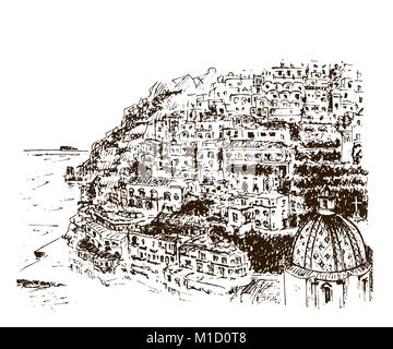 Positano e Costiera Amalfitana, Campania, Sorrento, Italia. Bella disegnati a mano disegno vettoriale illustrazione Illustrazione Vettoriale
