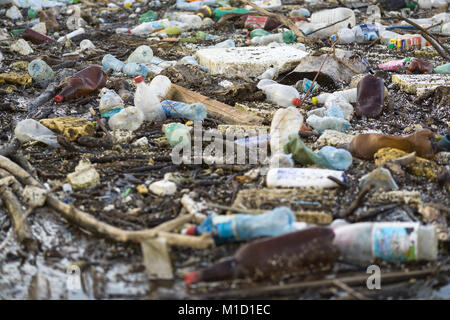 Accumulo di rifiuti di plastica lungo la riva del fiume. Foto Stock