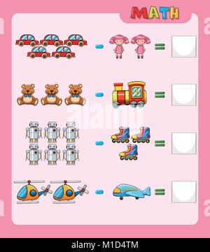 Foglio di lavoro per la matematica per sottrazione con foto illustrazione Illustrazione Vettoriale