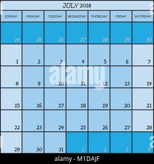 Pianificatore di Calendario mese di luglio 2018 in tre tonalità di blu colore di sfondo Illustrazione Vettoriale