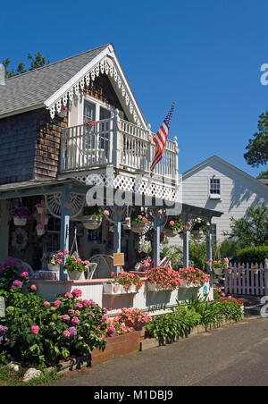 Cottages in ex Wesleyan Grove (1835) storicamente una religiosa comunità d'estate. Ora noto come Martha's Vineyard Campmeeting Assoc. Foto Stock