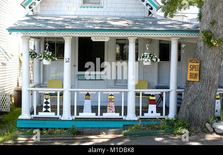 Cottages in ex Wesleyan Grove (1835) storicamente una religiosa comunità d'estate. Ora noto come Martha's Vineyard Campmeeting Assoc. Foto Stock