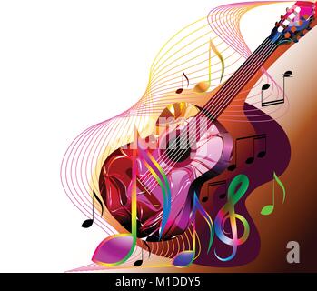 Colorato sfondo musicale con la chitarra e note musicali Illustrazione Vettoriale