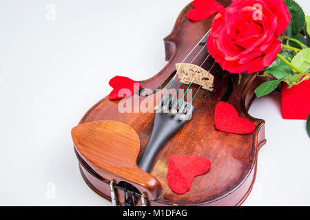 Valentino violino coperti con rose e petali di cuore Foto Stock