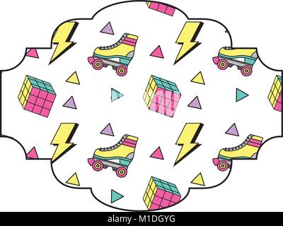 Schema di etichetta retrò roller skate e cubo di Rubik memphis illustrazione vettoriale Illustrazione Vettoriale