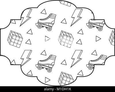 Schema di etichetta retrò roller skate e cubo di Rubik memphis illustrazione vettoriale schema di progettazione Illustrazione Vettoriale