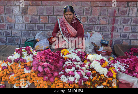 Fiori per la vendita di fronte al tempio, Bundi, Rajasthan, India Foto Stock