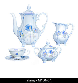 Set di vintage antichi Porcellana elegante tè utensile su uno sfondo bianco isolato Foto Stock