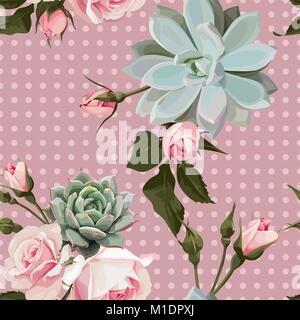 Succulente e roses vettore modello senza giunture Illustrazione Vettoriale