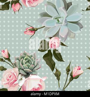 Succulente e roses vettore modello senza giunture Illustrazione Vettoriale