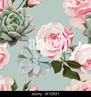 Succulente e roses vettore modello senza giunture Illustrazione Vettoriale