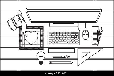 Computer desktop e gli strumenti di disegno su desk sulla vista superiore nel contorno nero Illustrazione Vettoriale