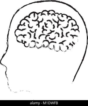 Volto umano con silhouette all'interno del cervello in nero contorno sfocato Illustrazione Vettoriale