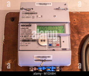 Fissare la libertà 100 smart misuratore di energia elettrica, misurare il consumo e la stabulazione 'Costo oggi' informazioni attraverso il pannello del display. Regno Unito. Foto Stock