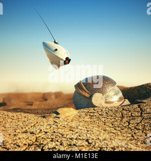 Robot bianco drone passando sopra lo spazio obsoleti casco nel deserto rotto su un altro pianeta. sci-fi concept 3D render illustrazione Foto Stock