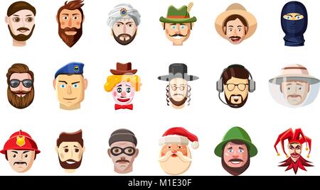 Testa di uomo icona impostare, stile cartoon Illustrazione Vettoriale