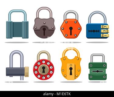 Serrature del vettore. Colorato set di blocco con il foro per la chiave e il codice segreto, indumenti di protezione e sicurezza password combinazione illustrazione vettoriale Illustrazione Vettoriale