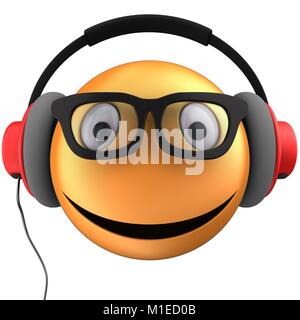 3d illustrazione di orange emoticon smile con cuffie rosso su sfondo bianco Foto Stock