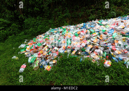 Pila di appiattita Coca Cola e altra plastica bevanda frizzante bottiglie oggetto di dumping nella vegetazione Foto Stock