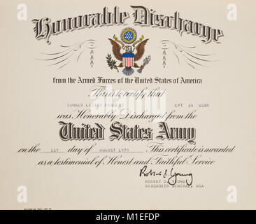 Onorevole Certificato di scarico US Army, STATI UNITI D'AMERICA Foto Stock