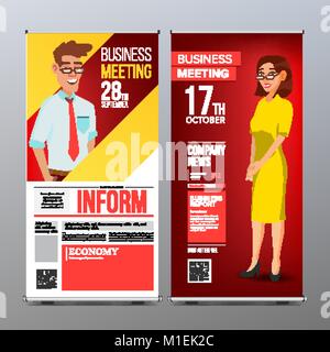 Roll Up Display vector. Poster verticale formato di modello. Imprenditore e Business Woman. Tech, scienza. Per incontri di affari. Il concetto di pubblicità. Rosso, Giallo. Business Cartoon illustrazione Illustrazione Vettoriale
