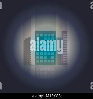 Vettore città di notte nella nebbia illustrazione con neon e colori vividi. Illustrazione Vettoriale