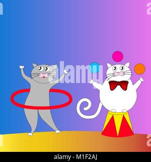 Due gatti cartoon di eseguire nel circus. Sfondo per i bambini. Illustrazione Vettoriale