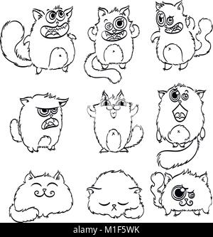 Più carini doodle monster gatti. Gli elementi del vettore collezione. Gli animali con striping Illustrazione Vettoriale