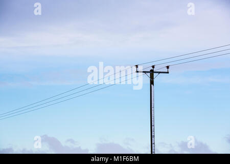 Telegraph o di linee di alimentazione con un singel pole in un bianco puro e coperta di neve campo. Foto Stock