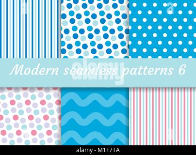 Polka Dot, strisce wave seamless pattern impostato. Carta digitale raccolta, stile moderno. Kit Scrapbooking. Illustrazione Vettoriale. Illustrazione Vettoriale